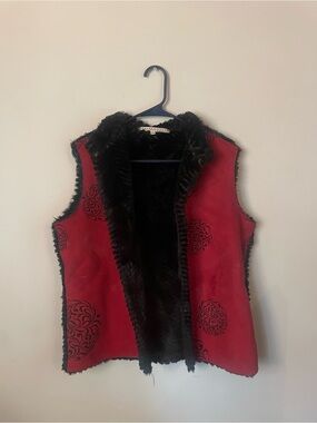 Faux Fur-Trimmed Red Suede Vest